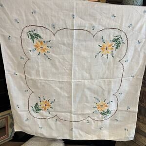 Vintage Needlepoint Square Cotton Table Cloth 33” X 32” Yellow Blue Flowers